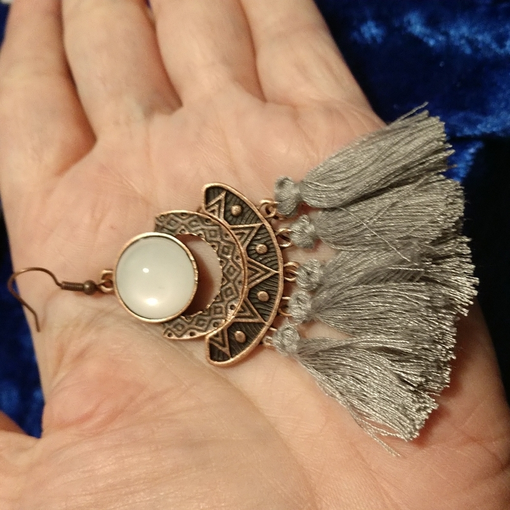 Moonstone Gray Tassel 3.5" Fishhook Earring Boho Aztec Style Bold - Picture 7 of 7
